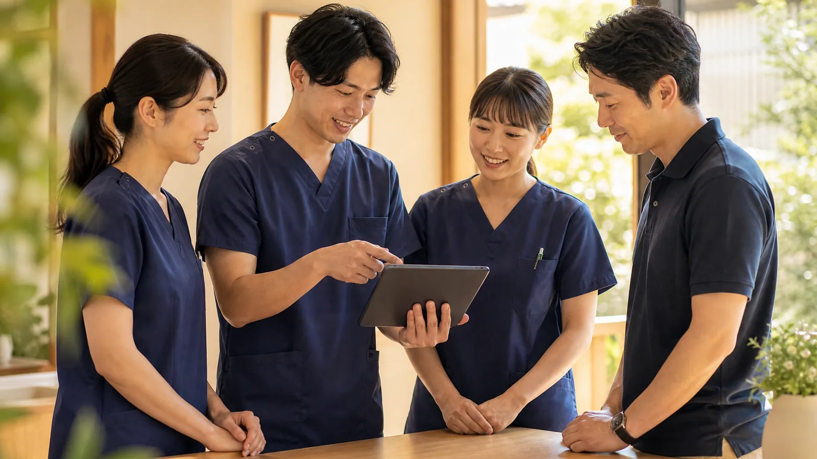 朝のミーティングでその日の訪問予定を共有するスタッフ