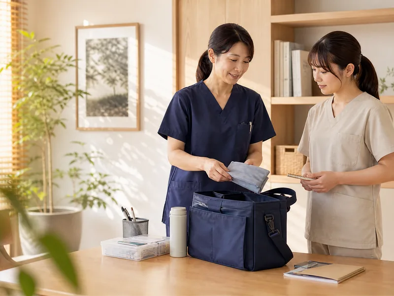 先輩と一緒に訪問の準備をするスタッフ