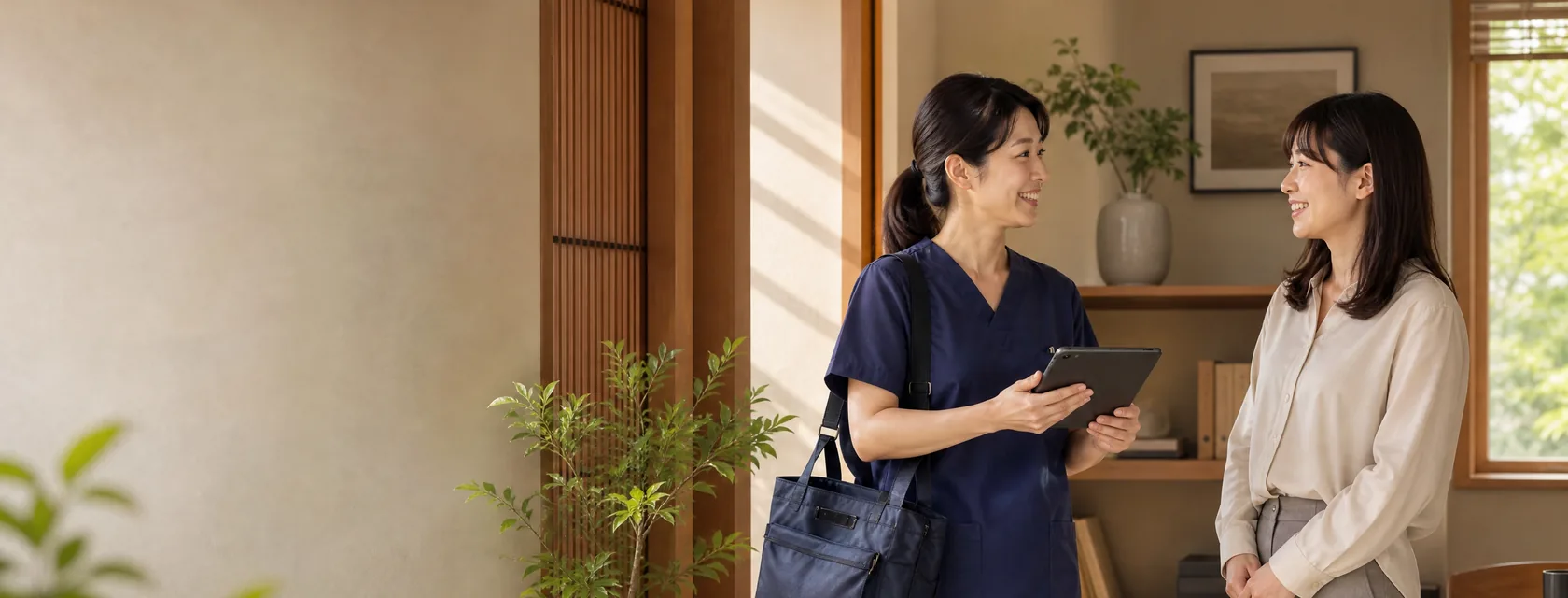 事業所を見学する応募検討者とスタッフ