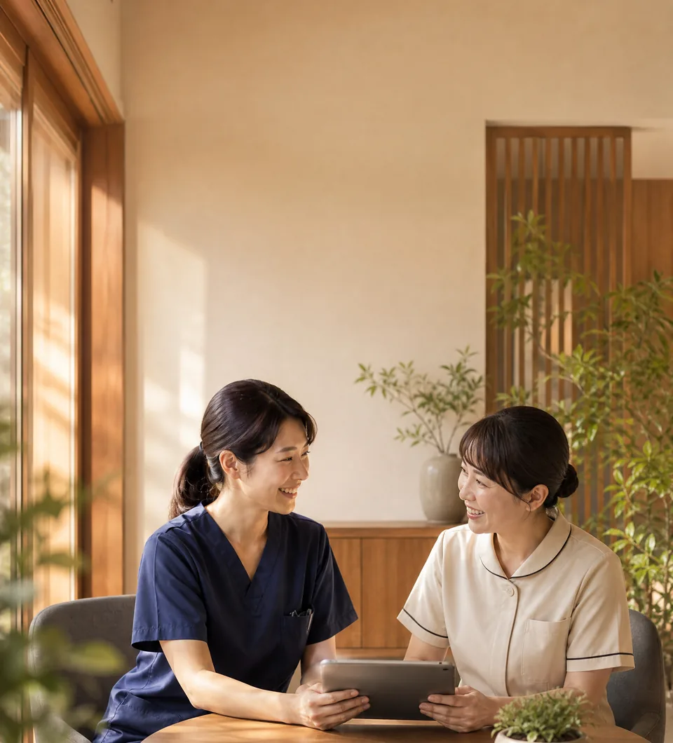 事業所で情報共有をするスタッフたち