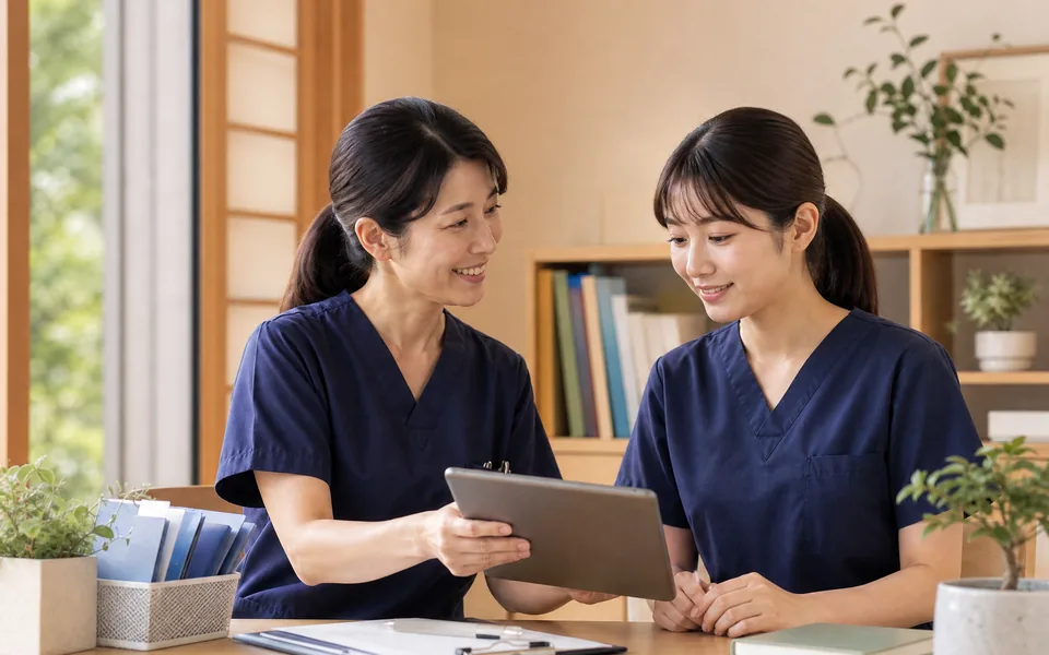 先輩スタッフが同行して訪問の手順を教えている様子