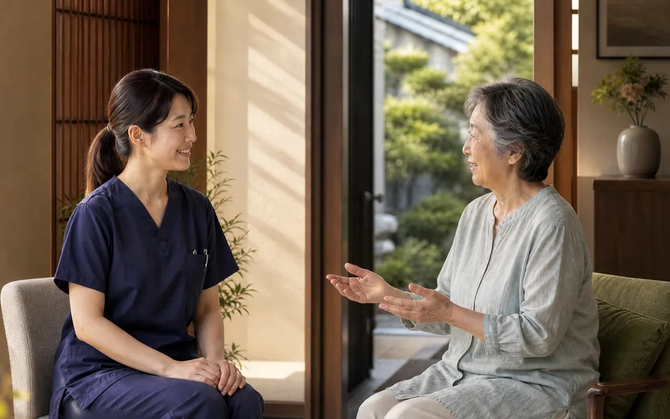 利用者様と向き合って話を聞く看護師