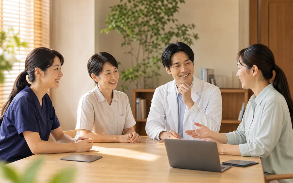 事業所で談笑するスタッフたち