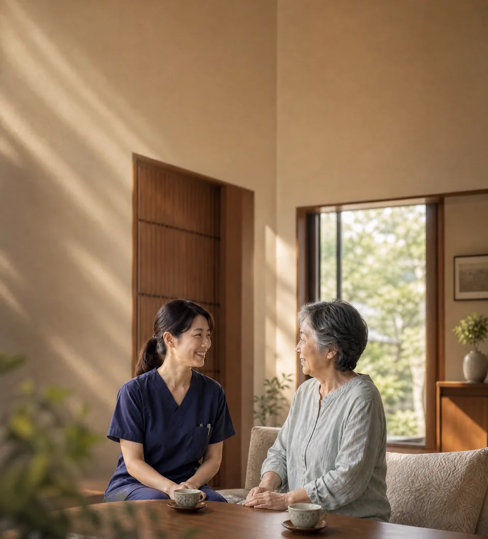 ご自宅で利用者様と向き合う看護師